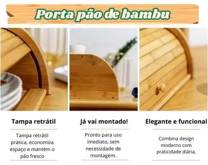 Porta Pão em Bambu com Tampa Retrátil JÁ MONTADO, foto 3