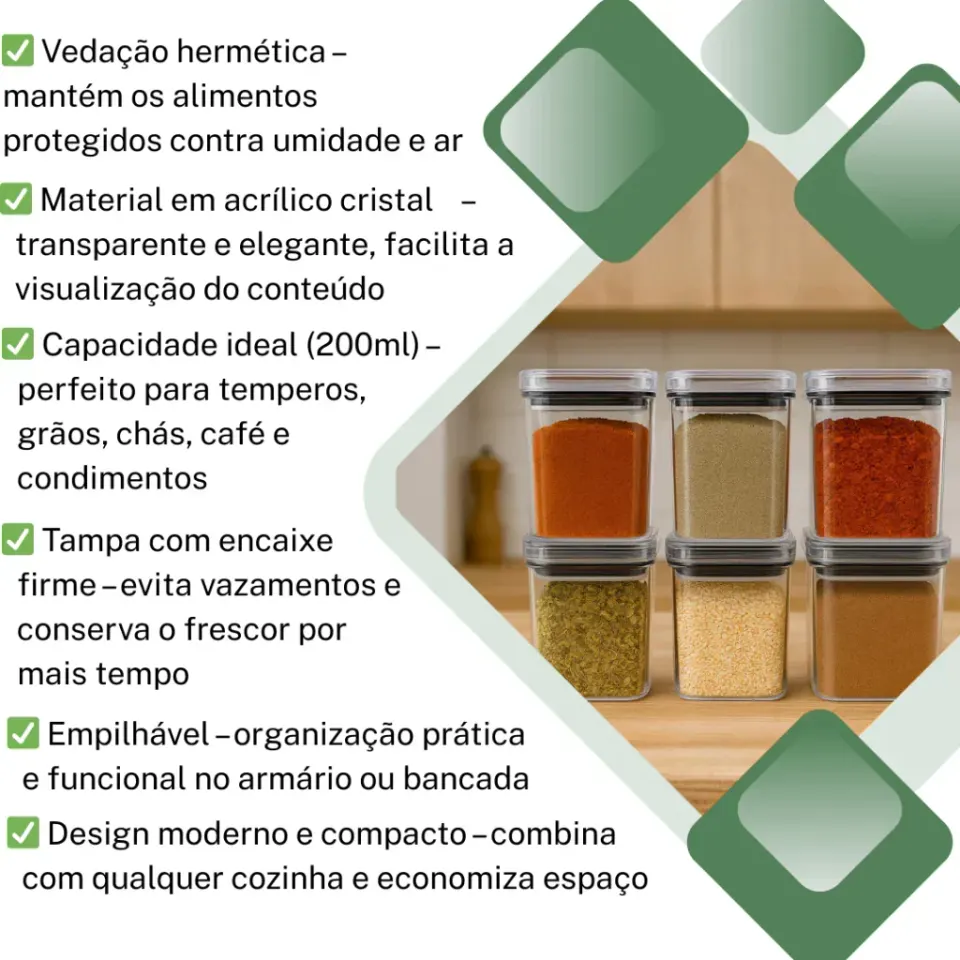 Kit Potes Herméticos Acrílico Cristal 200ml Empilháveis | Organizador de Alimentos com Vedação Premium, foto 3