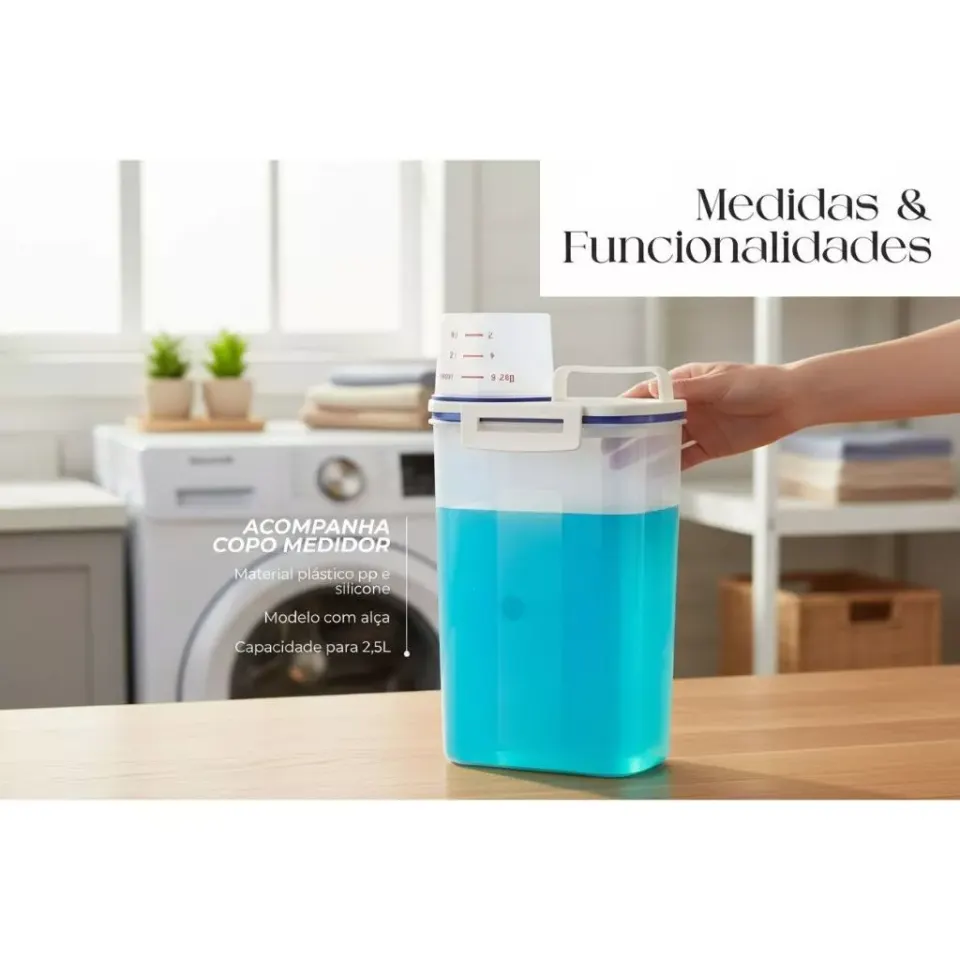 Dispenser Organizador de Lavanderia 2,5L com Copo Medidor | Pote Hermético, foto 3