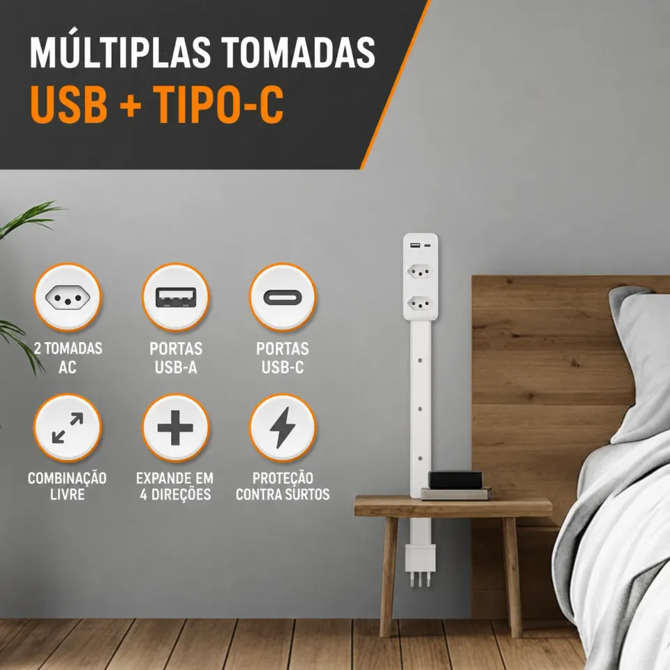 Extensor de Tomada FlexPower BR™ | Hub Inteligente Ajustável com USB-C, USB, TOMADA 2 PINOS E 3 PINOS 110/220v, foto 9