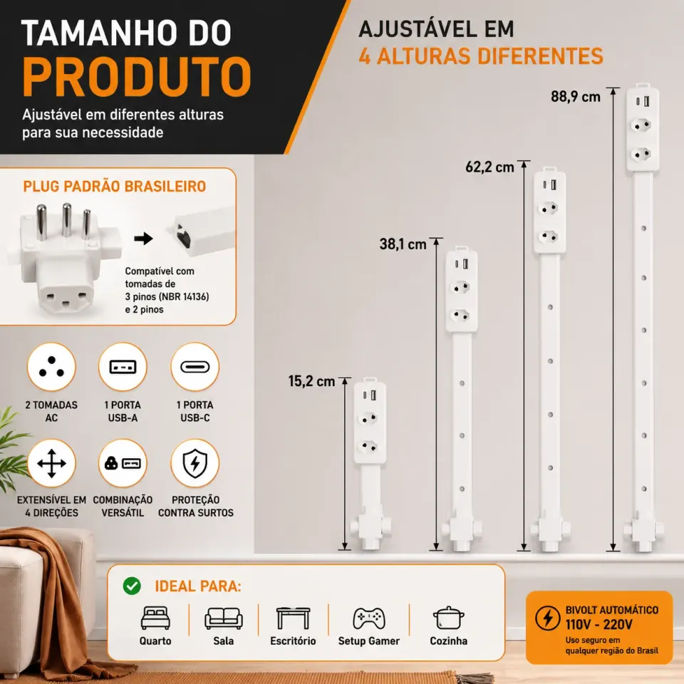 Extensor de Tomada FlexPower BR™ | Hub Inteligente Ajustável com USB-C, USB, TOMADA 2 PINOS E 3 PINOS 110/220v, foto 8