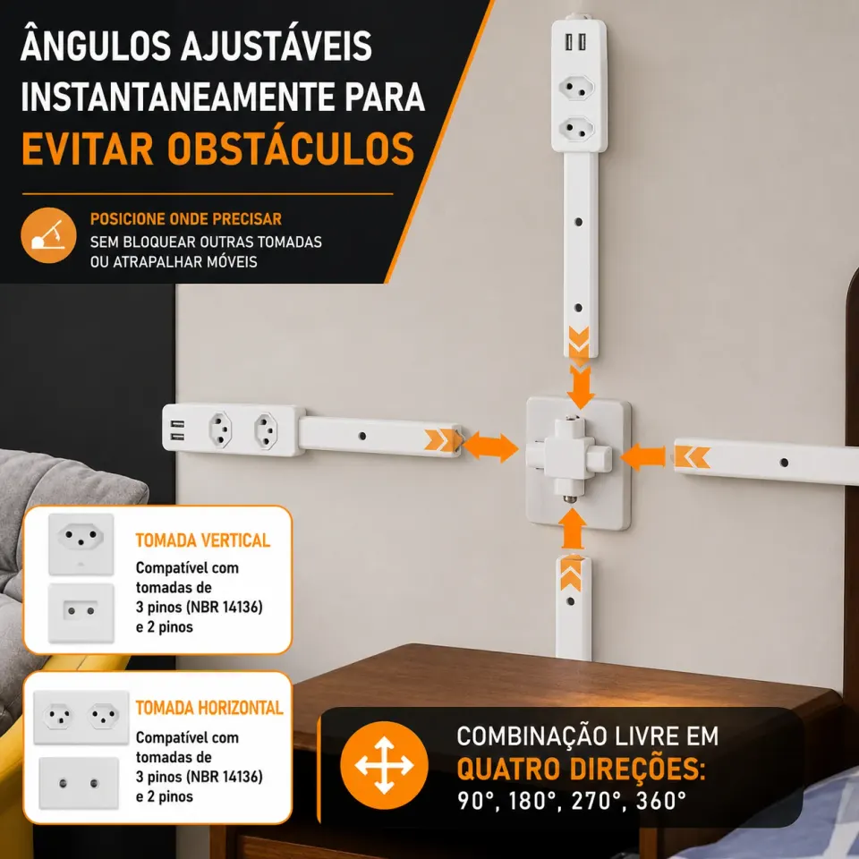 Extensor de Tomada FlexPower BR™ | Hub Inteligente Ajustável com USB-C, USB, TOMADA 2 PINOS E 3 PINOS 110/220v, foto 7