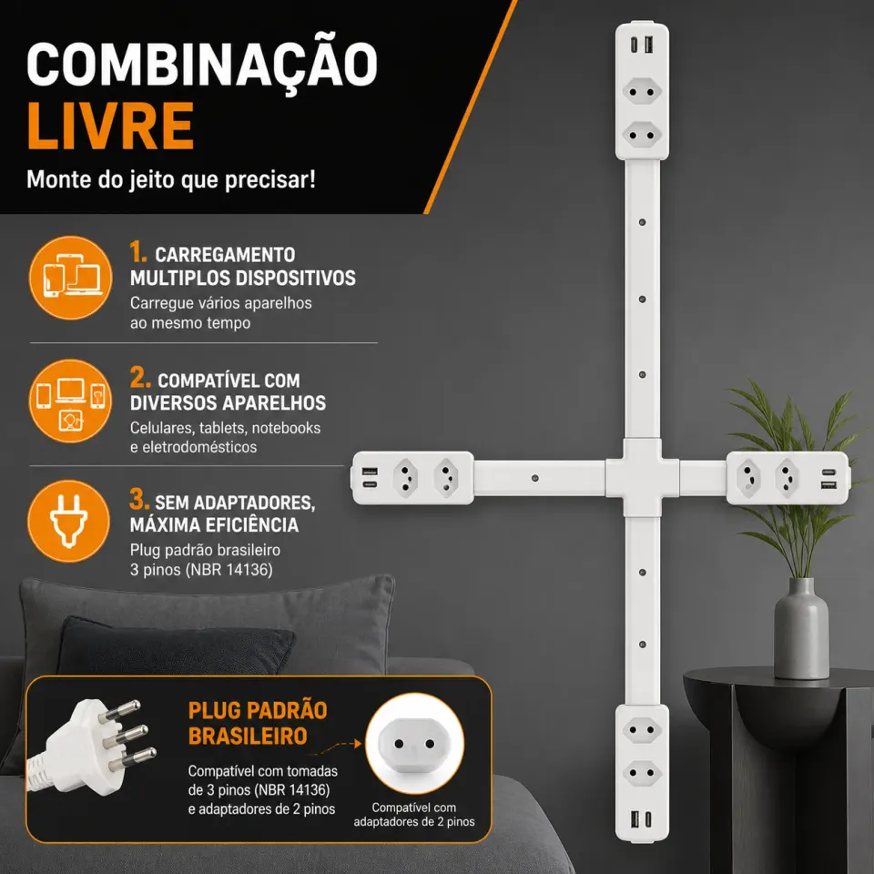 Extensor de Tomada FlexPower BR™ | Hub Inteligente Ajustável com USB-C, USB, TOMADA 2 PINOS E 3 PINOS 110/220v, foto 6