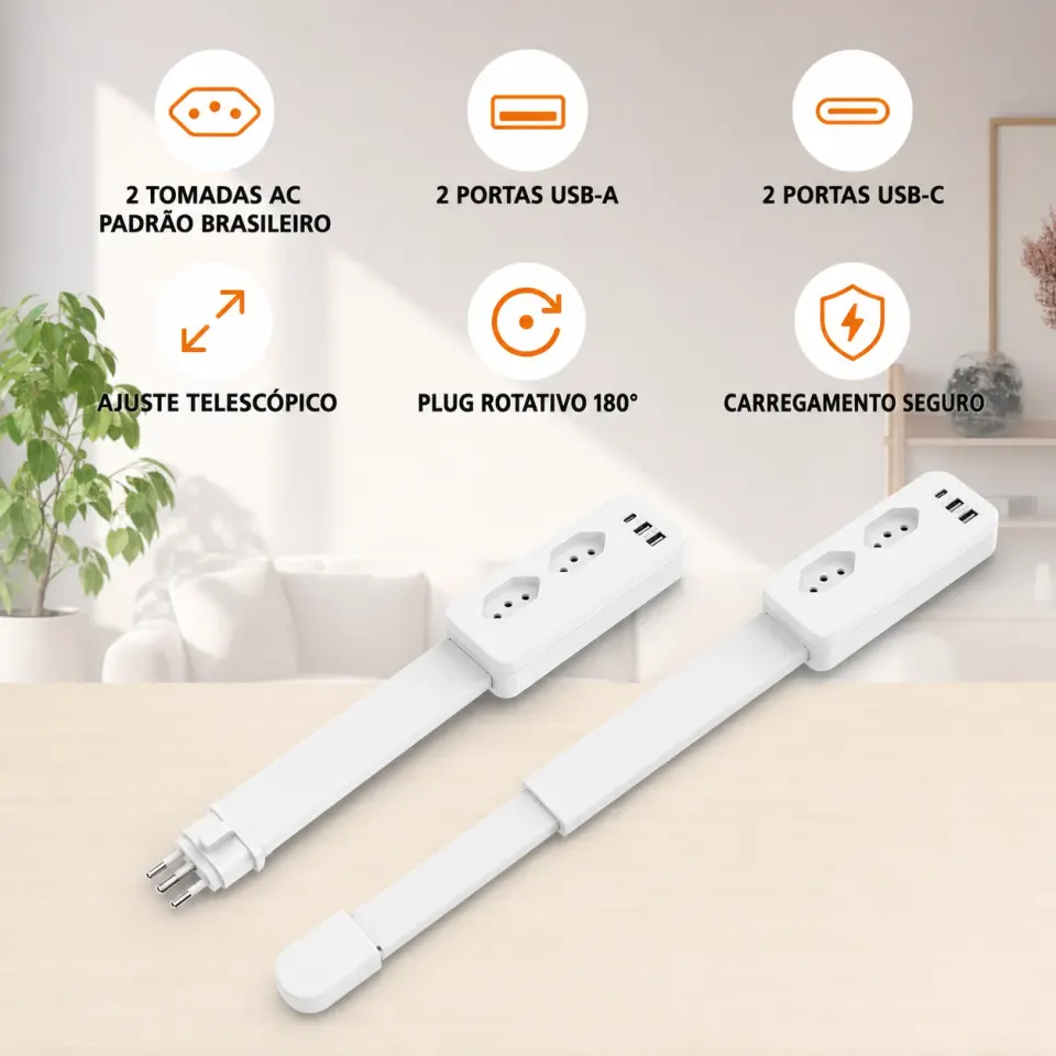 Extensor de Tomada FlexPower BR™ | Hub Inteligente Ajustável com USB-C, USB, TOMADA 2 PINOS E 3 PINOS 110/220v, foto 3