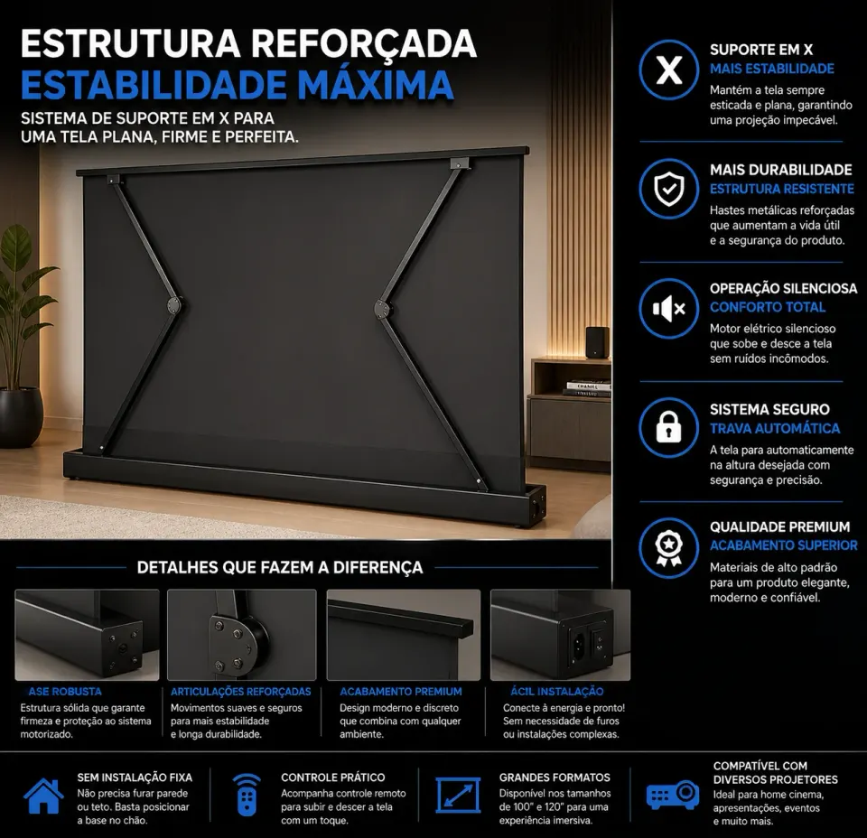 Tela de Projeção Elétrica Floor Rising Premium™ | 100” a 120” Retrátil, Motorizada e Portátil, foto 5