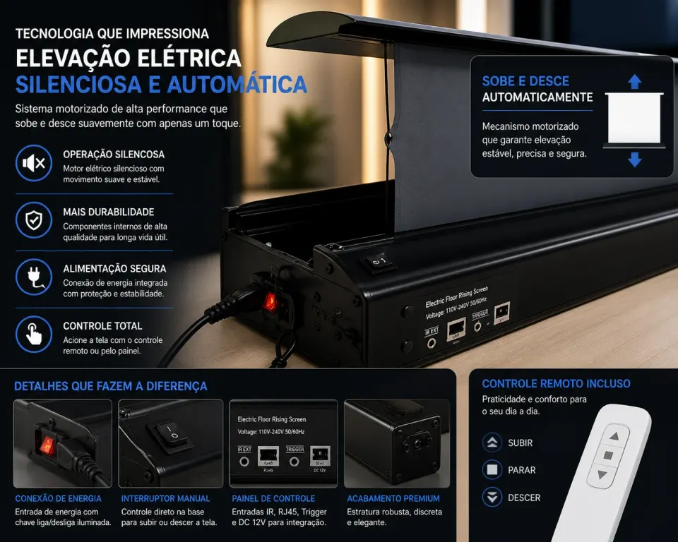 Tela de Projeção Elétrica Floor Rising Premium™ | 100” a 120” Retrátil, Motorizada e Portátil, foto 4