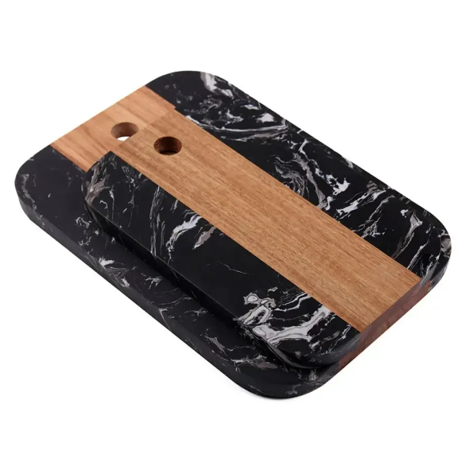 Conjunto 2 Tábuas para Aperitivo com Furo de Pendurar Madeira e Mármore Preto, foto 2