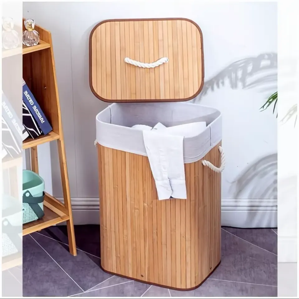 Cesto de Roupa Suja em Bambu com Tampa e Saco Removível: 42x30x60cm, foto 3