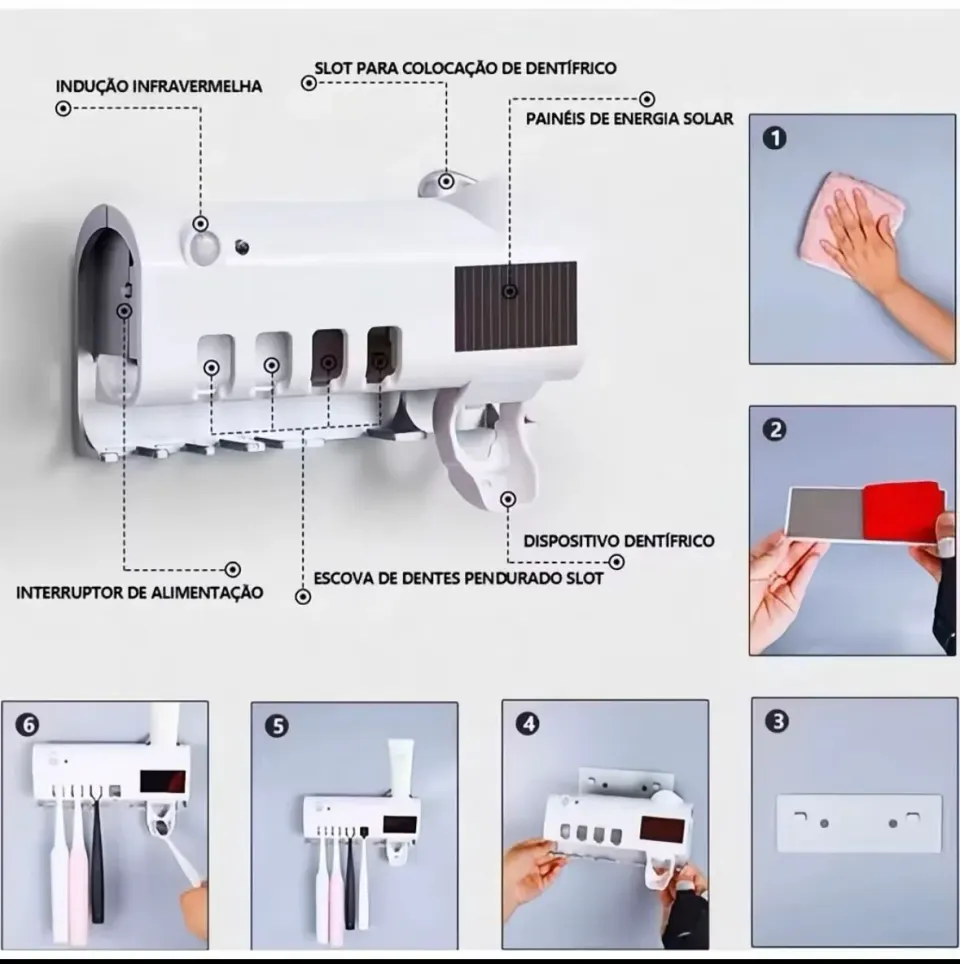 Porta Escova de Dente com Esterilizador UV + Espremedor Automático de Pasta | Solar + USB, foto 2