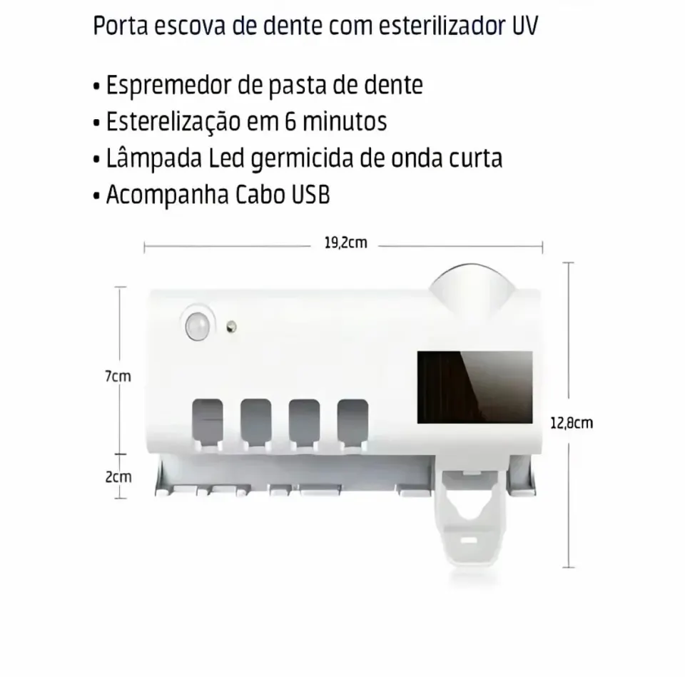 Porta Escova de Dente com Esterilizador UV + Espremedor Automático de Pasta | Solar + USB, foto 6