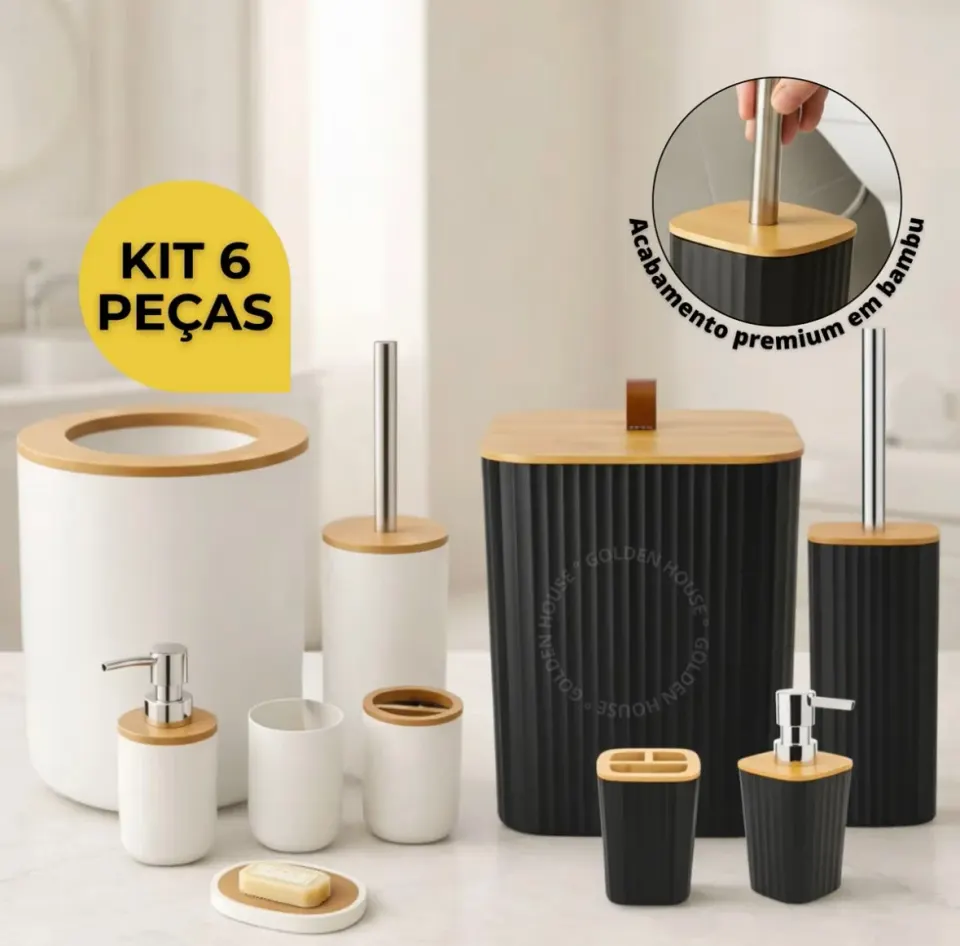 Kit Banheiro 6 Peças com Acabamento em Bambu: Preto ou Branco | Golden House, foto 7