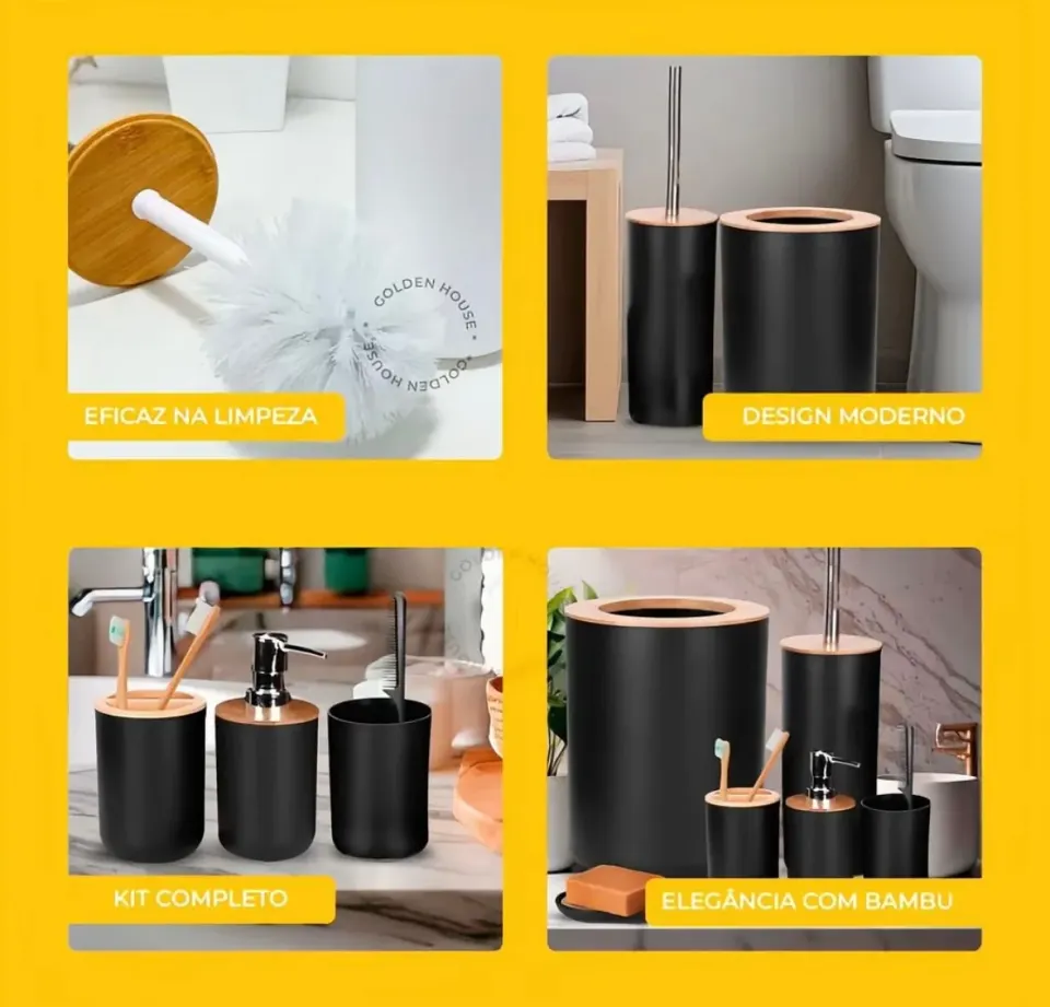 Kit Banheiro 6 Peças com Acabamento em Bambu: Preto ou Branco | Golden House, foto 6