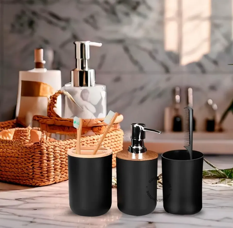 Kit Banheiro 6 Peças com Acabamento em Bambu: Preto ou Branco | Golden House, foto 5