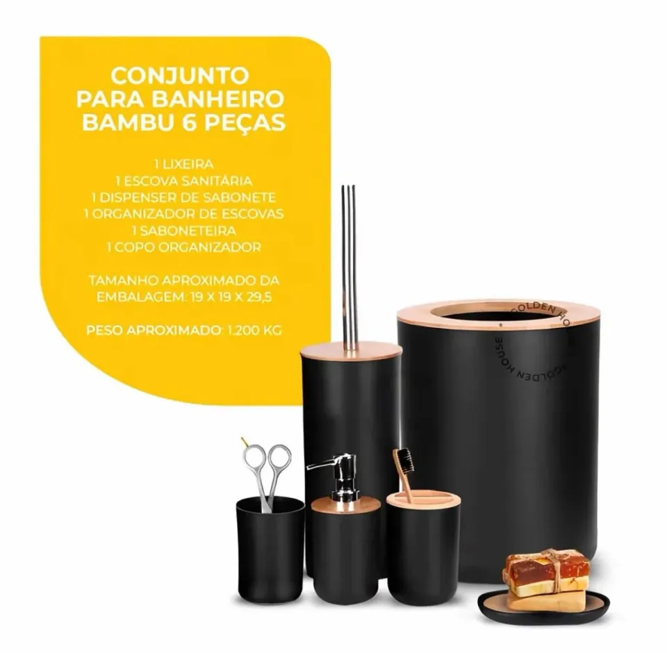 Kit Banheiro 6 Peças com Acabamento em Bambu: Preto ou Branco | Golden House, foto 2