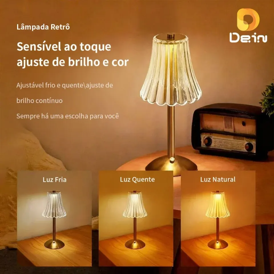 Luminária Retrô de Mesa LED Recarregável com Cúpula Transparente e Controle por Toque Dourada, foto 3