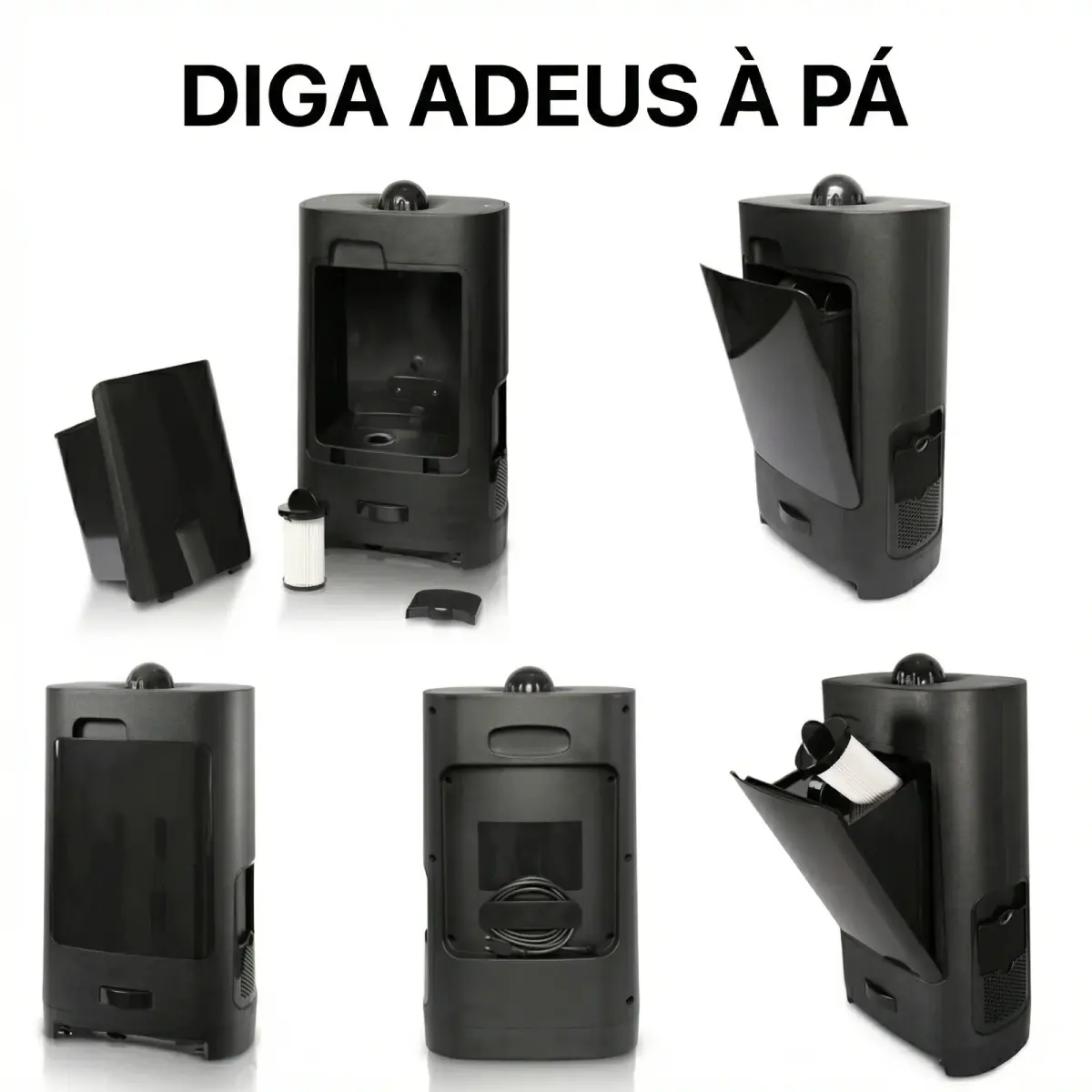Múltiplos ângulos mostrando a abertura do compartimento e o filtro