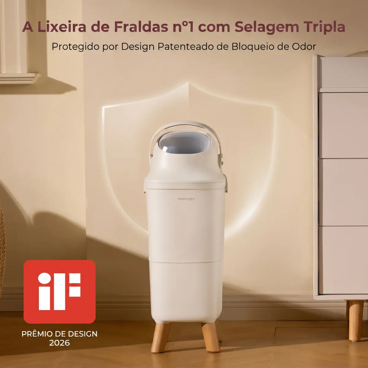 Lixeira de Fraldas Momcozy com Selagem Tripla: Ganhadora do Prêmio iF Design 2026