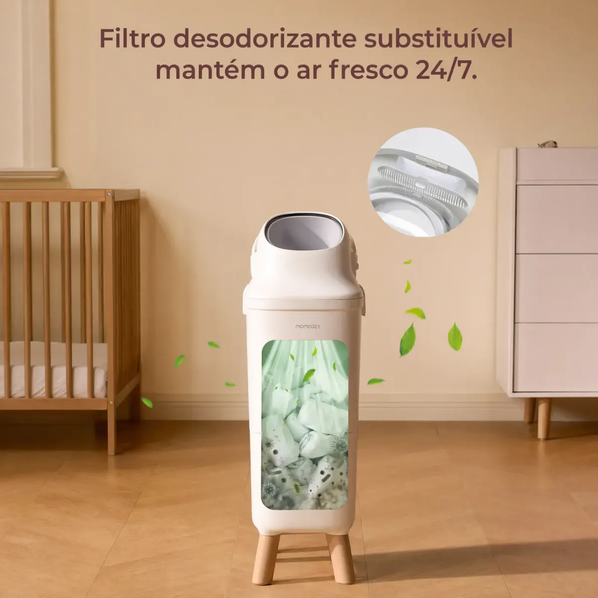 Filtro desodorizante substituível no interior da lixeira