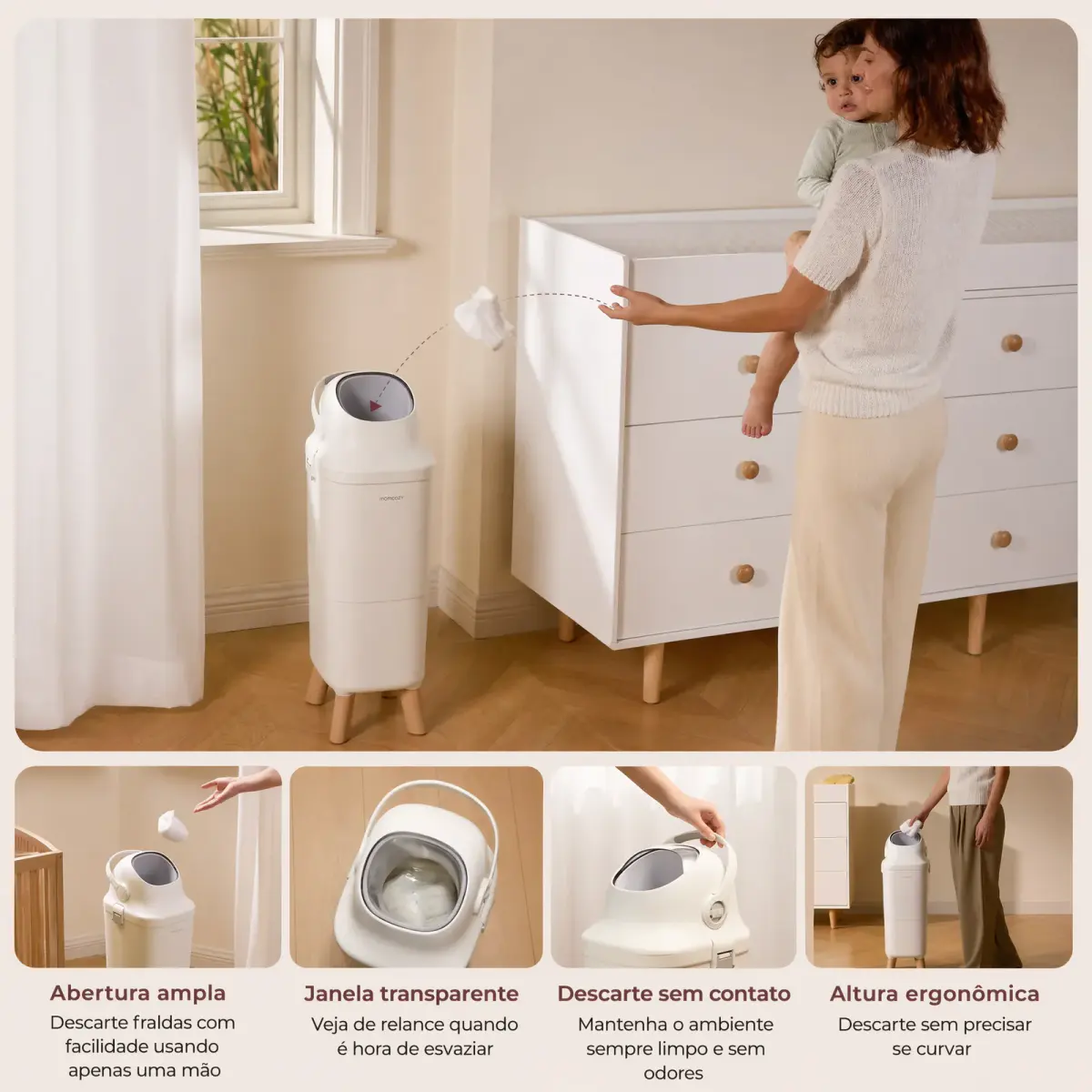 Abertura ampla, janela transparente, descarte sem contato e altura ergonômica