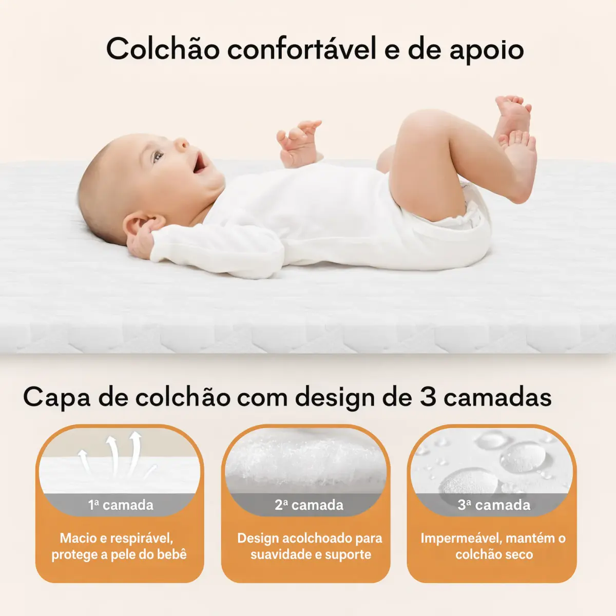Colchão com design de 3 camadas: macio, acolchoado e impermeável