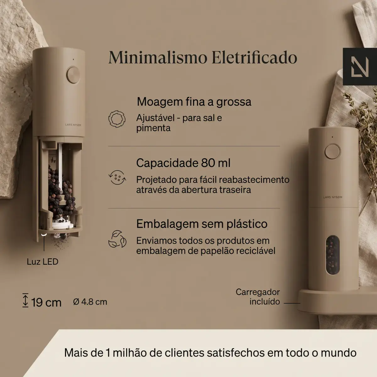 Conteúdo da caixa: dois moedores, base de carregamento, cabo USB-C e escova de limpeza