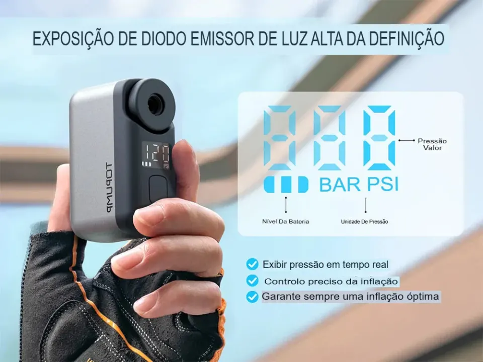 Bomba Elétrica Portátil para Bicicleta com Medidor de Pressão Digital, foto 5